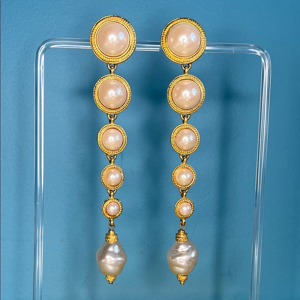 Vintage Ben-Amun Elegant Gold and Pearl Drop Earrings